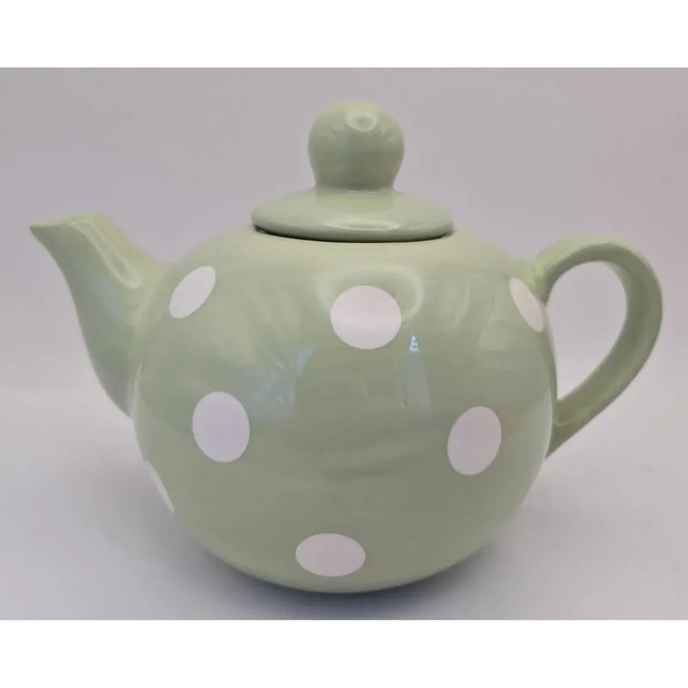 Mint Green Teapot With Lid  And White‎ Polkadots Durable Stoneware Ceramic